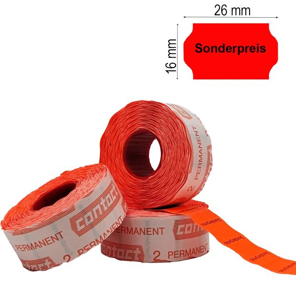 Sonderpreisetikett 26 x 16 mm in Rot mit gewelltem Rand und Sonderpreis-Aufdruck mit Maßlabel